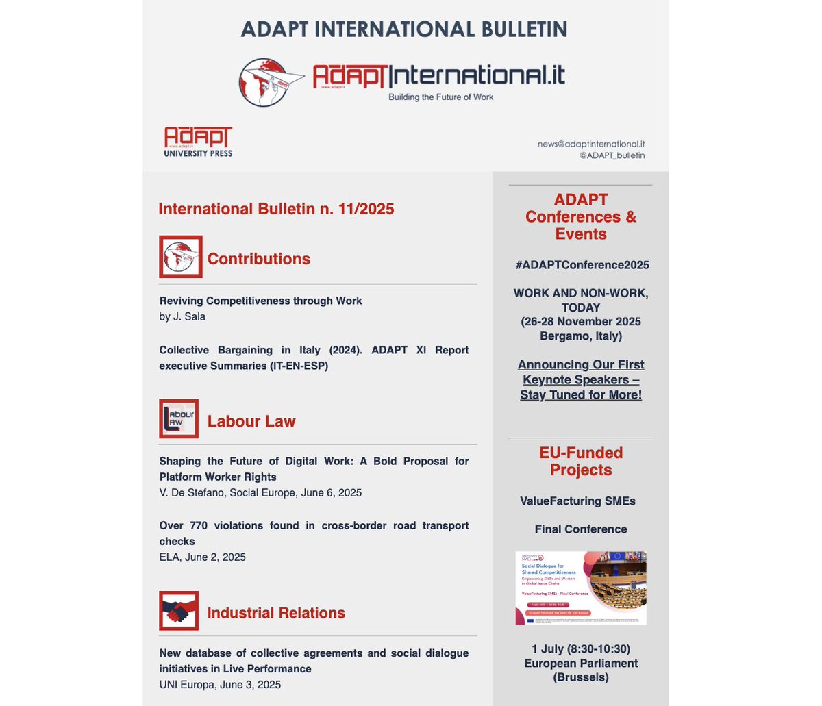 🆕 The latest #ADAPTInternational Bulletin (Issue 11/2025) is officially out! Dive into cutting-edge insights on employment trends, labour law, social dialogue, &amp; future of work challenges. Read it now: mailchi.mp/adapt/adapt-in…