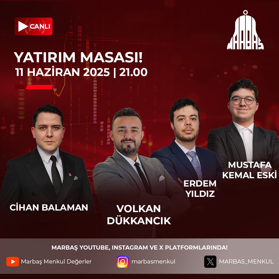 Cihan Balaman'ın (<a href="/cihan_balaman/">Cihan Balaman</a>) Moderatörlüğünde, Volkan Dükkancık (<a href="/volkandukkancik/">Volkan Dükkancık</a>), Erdem Yıldız ve Mustafa Kemal Eski'nin Katılımı İle "Yatırım Masası" Yayınımız Bugün 21.00'de Marbaş Menkul Değerler YouTube Kanalında!      

Kanalımıza Ulaşmak İçin Tıklayınız👇