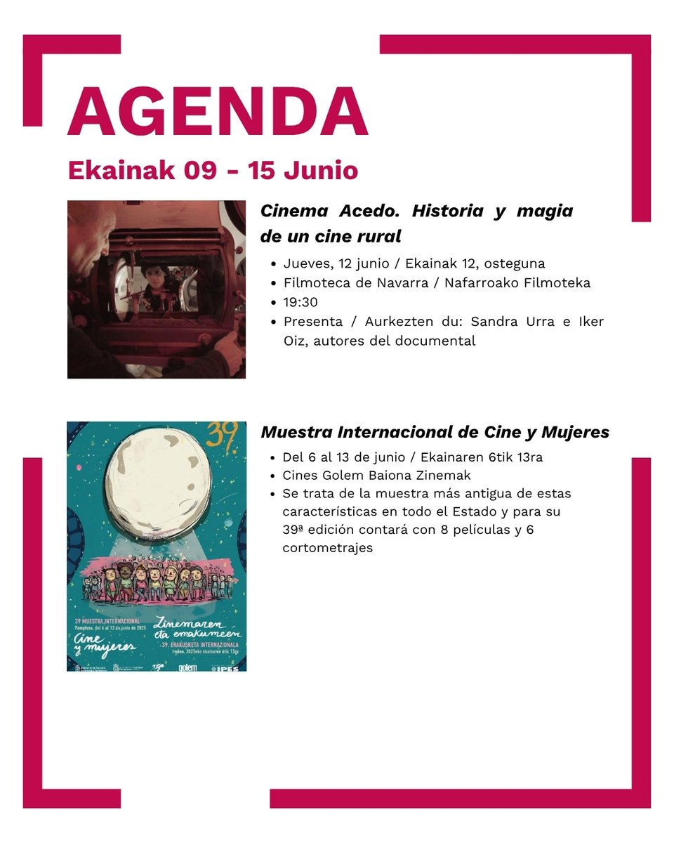 NavFilm's tweet image. AGENDA | Ekainak 9–15 Junio‼️

🎥Cinema Acedo. Historia y magia de un cine rural
📅Ekainak 12 de junio
📍Filmoteca de Navarra/Nafarroako Filmoteka
🗣Presenta/Aurkezten du: Sandra Urra e Iker Oiz

🎥Muestra Internacional de Cine de Mujeres
📅Ekainaren 6-13 de junio
📍Golem Baiona