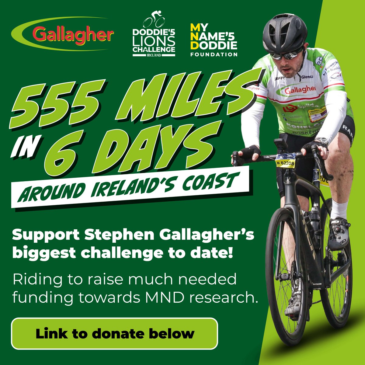Gallagher Group (@gallagher_team) on Twitter photo Come sun, rain, wind or coastal climbs โ Stephen Gallagher takes on 555 miles this Sunday in memory of his father-in-law ๐๐ดโโ๏ธ
Riding for <a href="/MNDoddie5/">My Name'5 Doddie Foundation</a> to raise funds + awareness for MND. Every mile matters. Letโs get behind him ๐
๐ bit.ly/3FsUpAg
#RideForDoddie #MND Come sun, rain, wind or coastal climbs โ Stephen Gallagher takes on 555 miles this Sunday in memory of his father-in-law ๐๐ดโโ๏ธ
Riding for <a href="/MNDoddie5/">My Name'5 Doddie Foundation</a> to raise funds + awareness for MND. Every mile matters. Letโs get behind him ๐
๐ bit.ly/3FsUpAg
#RideForDoddie #MND