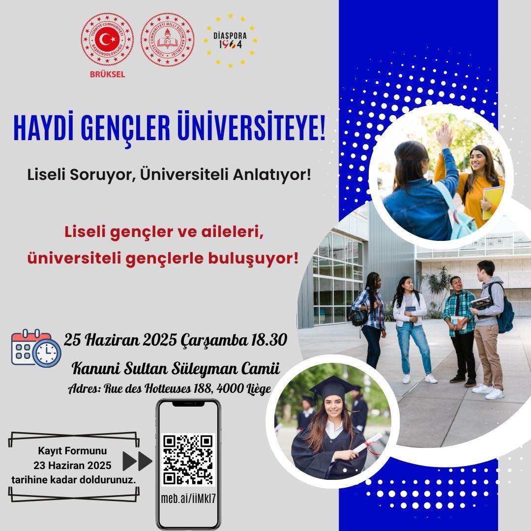 Brüksel Eğitim (@brukselegitim) on Twitter photo <a href="/TC_BrukselBK/">Türkiye in Brussels</a> ,@Diaspora1964 Derneği ve Müşavirliğimiz iş birliğinde yürütülen “Haydi Gençler Üniversiteye!” projesi kapsamında, Liège Kanuni Sultan Süleyman Camii Derneği ev sahipliğinde liseli gençlerimizi ve ailelerini üniversite öğrencileri/genç mezunlar ile buluşturuyoruz. <a href="/TC_BrukselBK/">Türkiye in Brussels</a> ,@Diaspora1964 Derneği ve Müşavirliğimiz iş birliğinde yürütülen “Haydi Gençler Üniversiteye!” projesi kapsamında, Liège Kanuni Sultan Süleyman Camii Derneği ev sahipliğinde liseli gençlerimizi ve ailelerini üniversite öğrencileri/genç mezunlar ile buluşturuyoruz.