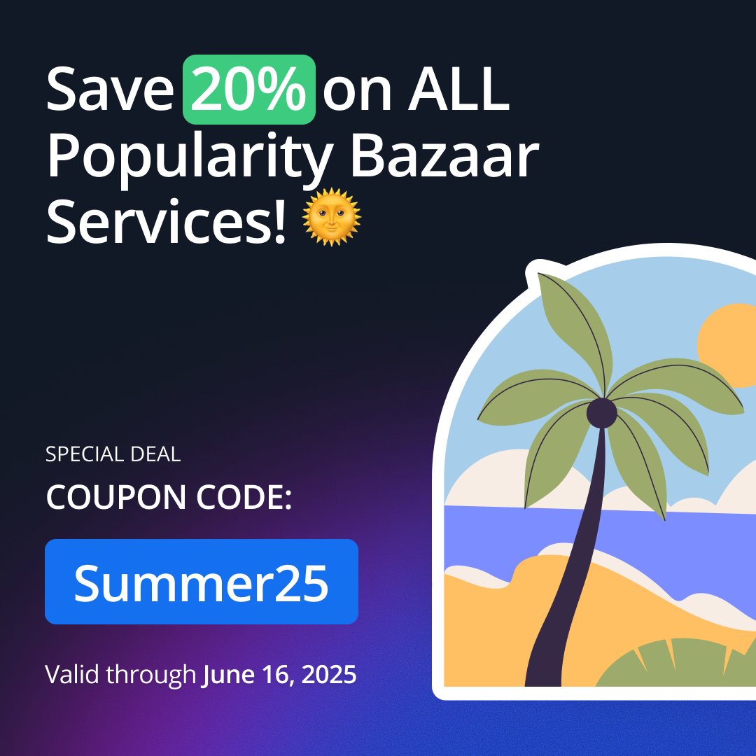 PopularityBazar's tweet photo. 🔥 Save 20% on all services with code Summer25 – now through June 16th! Whether you're growing on IG, TikTok, or YouTube — we've got your back.

👉 Real engagement. Fast results.

#SocialMediaGrowth #TwitterBoost #PopularityBazaar https://t.co/ZkeR1HoKhW