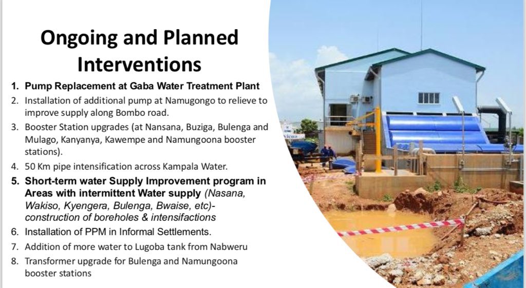 <a href="/nwscug/">NWSC 🇺🇬</a> Eng Mahmood Lutaaya said <a href="/nwscug/">NWSC 🇺🇬</a> is working on key projects like:

🔹 Replacing pumps at Gaba
🔹 Adding pumps at Namugongo
🔹 Upgrading booster stations in Kawempe, Nansana, Bulenga and more
🔹 Laying 50km of new pipes
🔹 Drilling boreholes in areas with low supply like Bwaise