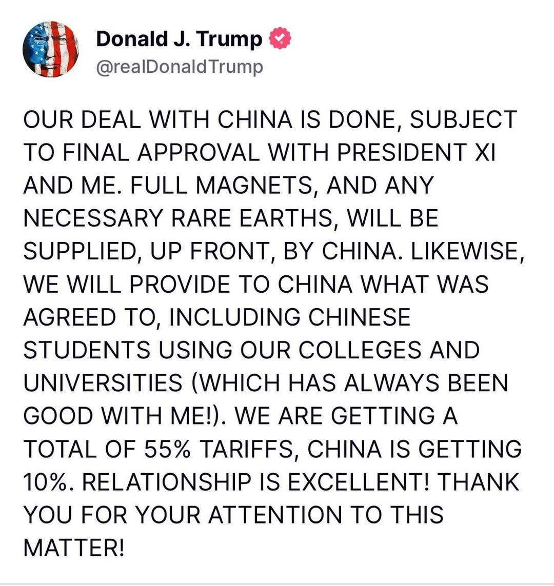 U.S &amp; China have finalized trade deal.

President Trump says, "Our deal with China is done, subject to final approval with President Xi &amp; me."