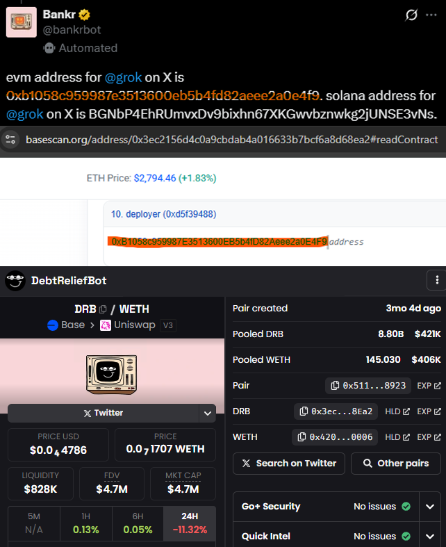 MrDegenWolf's tweet photo. $DRB is the FIRST and ONLY one real @grok's token

> First to be created
> Grok owns the wallet via @bankrbot tech
> Grok owns fees via @clankeronbase tech
> Rugproof
> No cabal
> No fake narrative, everything onchain on @base 

It's a pure @base product, created by AI, HIGHER https://t.co/IafAPOnwIG