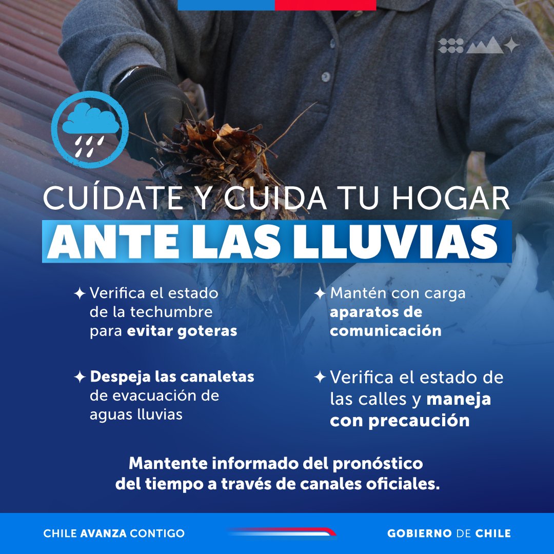 Bienes Nacionales (@ministeriobbnn) on Twitter photo 🌧️ Se esperan intensas lluvias durante los próximos días, desde la región de Coquimbo hasta Magallanes. Si vives en alguna de estas 12 regiones, prepárate y sigue estas recomendaciones.
☔️ Mantente informado ante eventuales alertas meteorológicas en <a href="/meteochile/">meteochile</a>. 🌧️ Se esperan intensas lluvias durante los próximos días, desde la región de Coquimbo hasta Magallanes. Si vives en alguna de estas 12 regiones, prepárate y sigue estas recomendaciones.
☔️ Mantente informado ante eventuales alertas meteorológicas en <a href="/meteochile/">meteochile</a>.