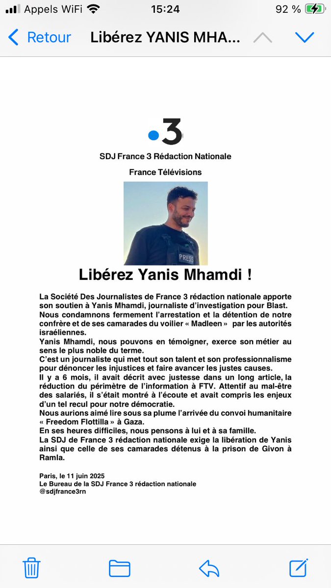 sdjfrance3rn's tweet image. Libérez @yanmdi journaliste d’investigation @blast_france détenu avec ses camarades par les autorités israéliennes ! #soutien #presse #informer #gaza #FreedomFlotilla 🔽