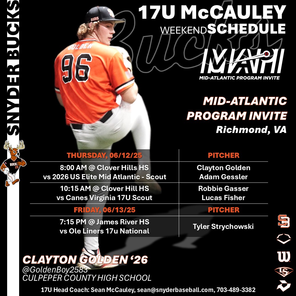 Snyder Baseball (@snyderbaseball) on Twitter photo Snyder Bucks 17U McCauley Weekend Schedule!!
Summer ball starts tomorrow at 8AM at the <a href="/PBRTournaments/">Prep Baseball Tournaments</a> MAPI for Team McCauley.
'26 Clayton Golden <a href="/GoldenBoy2583/">Clayton Golden</a> gets the pearl to start the season.
Good Luck BUCKS!!!
🦌⚾️🦌 Snyder Bucks 17U McCauley Weekend Schedule!!
Summer ball starts tomorrow at 8AM at the <a href="/PBRTournaments/">Prep Baseball Tournaments</a> MAPI for Team McCauley.
'26 Clayton Golden <a href="/GoldenBoy2583/">Clayton Golden</a> gets the pearl to start the season.
Good Luck BUCKS!!!
🦌⚾️🦌