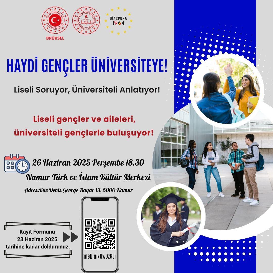 Brüksel Eğitim (@brukselegitim) on Twitter photo <a href="/TC_BrukselBK/">Türkiye in Brussels</a> , @Diaspora1964 Derneği ve Müşavirliğimiz iş birliğinde yürütülen “Haydi Gençler Üniversiteye!” projesi kapsamında, Namur Türk ve İslam Kültür Merkezi ev sahipliğinde liseli gençlerimizi ve ailelerini üniversite öğrencileri/genç mezunlar ile buluşturuyoruz.
<a href="/tcmeb/">Millî Eğitim Bakanlığı</a> <a href="/TC_BrukselBK/">Türkiye in Brussels</a> , @Diaspora1964 Derneği ve Müşavirliğimiz iş birliğinde yürütülen “Haydi Gençler Üniversiteye!” projesi kapsamında, Namur Türk ve İslam Kültür Merkezi ev sahipliğinde liseli gençlerimizi ve ailelerini üniversite öğrencileri/genç mezunlar ile buluşturuyoruz.
<a href="/tcmeb/">Millî Eğitim Bakanlığı</a>