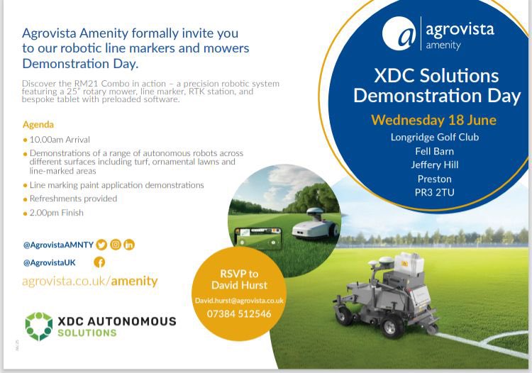 David Hurst (@davehurst83) on Twitter photo 🚨 Don’t miss our Autonomous Demo Day at Longridge Golf Club!
📅 Wed 18 June | ⏰ 10AM–2PM
📍 Preston, PR3 2TU
Live demos of:
🔹 RM21 robotic mowers, attachments
🔹 Fairway mowers, Pro Linemarker, FR4000,
📩 RSVP: David.hurst@agrovista.co.uk |
<a href="/AgrovistaAMNTY/">Agrovista Amenity</a> <a href="/XDC_AS/">XDC Autonomous Solutions</a> 🚨 Don’t miss our Autonomous Demo Day at Longridge Golf Club!
📅 Wed 18 June | ⏰ 10AM–2PM
📍 Preston, PR3 2TU
Live demos of:
🔹 RM21 robotic mowers, attachments
🔹 Fairway mowers, Pro Linemarker, FR4000,
📩 RSVP: David.hurst@agrovista.co.uk |
<a href="/AgrovistaAMNTY/">Agrovista Amenity</a> <a href="/XDC_AS/">XDC Autonomous Solutions</a>