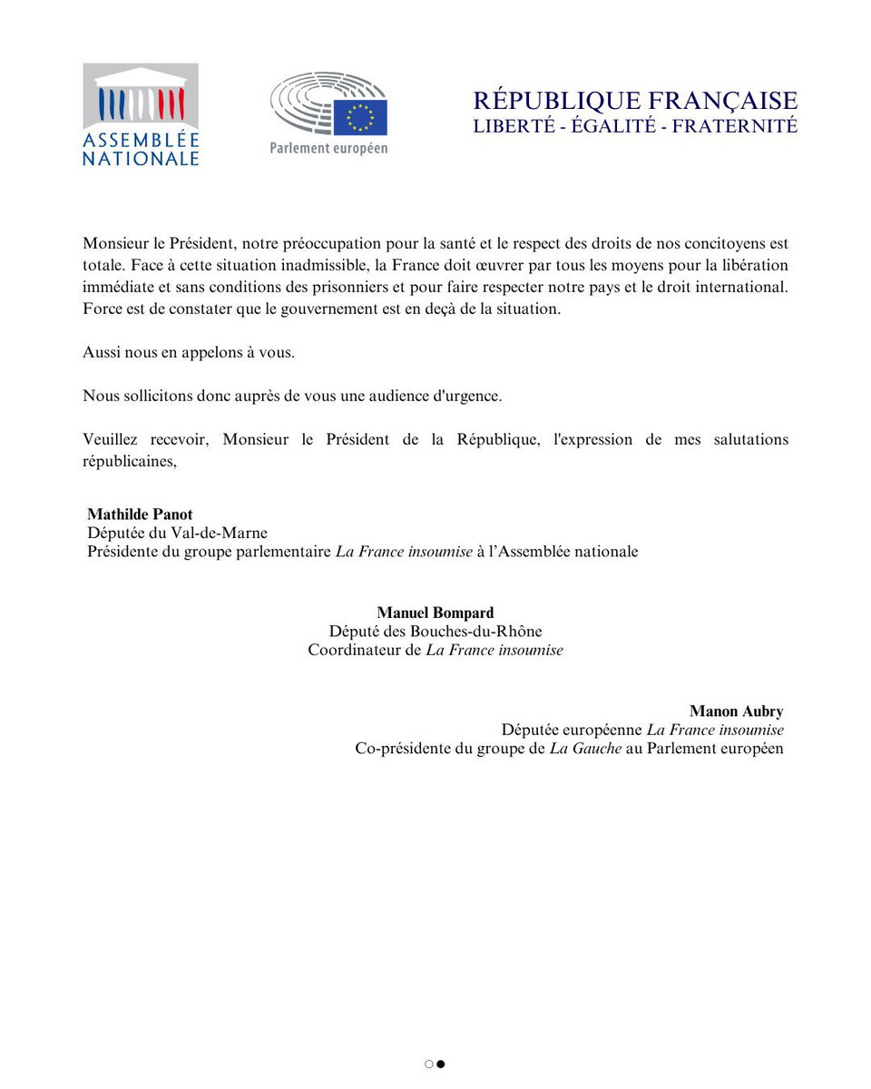 La détention illégale de Rima Hassan, eurodéputée, de Yanis Mhamdi journaliste, de Reva Seifert-Viard, militant écologiste et de Pascal Mauroieras, ingénieur marin dans les geôles israéliennes est intolérable.

Nous demandons de toute urgence une audience auprès du Président de