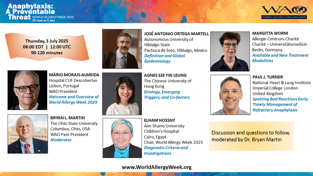 You Are Invited! Thursday 3 July - World Allergy Week 2025 - Anaphylaxis Is A Preventable Threat. Register on the WAO Education Portal -  Begin at:  WorldAllergyWeek.org
#WorldAllergyWeek2025