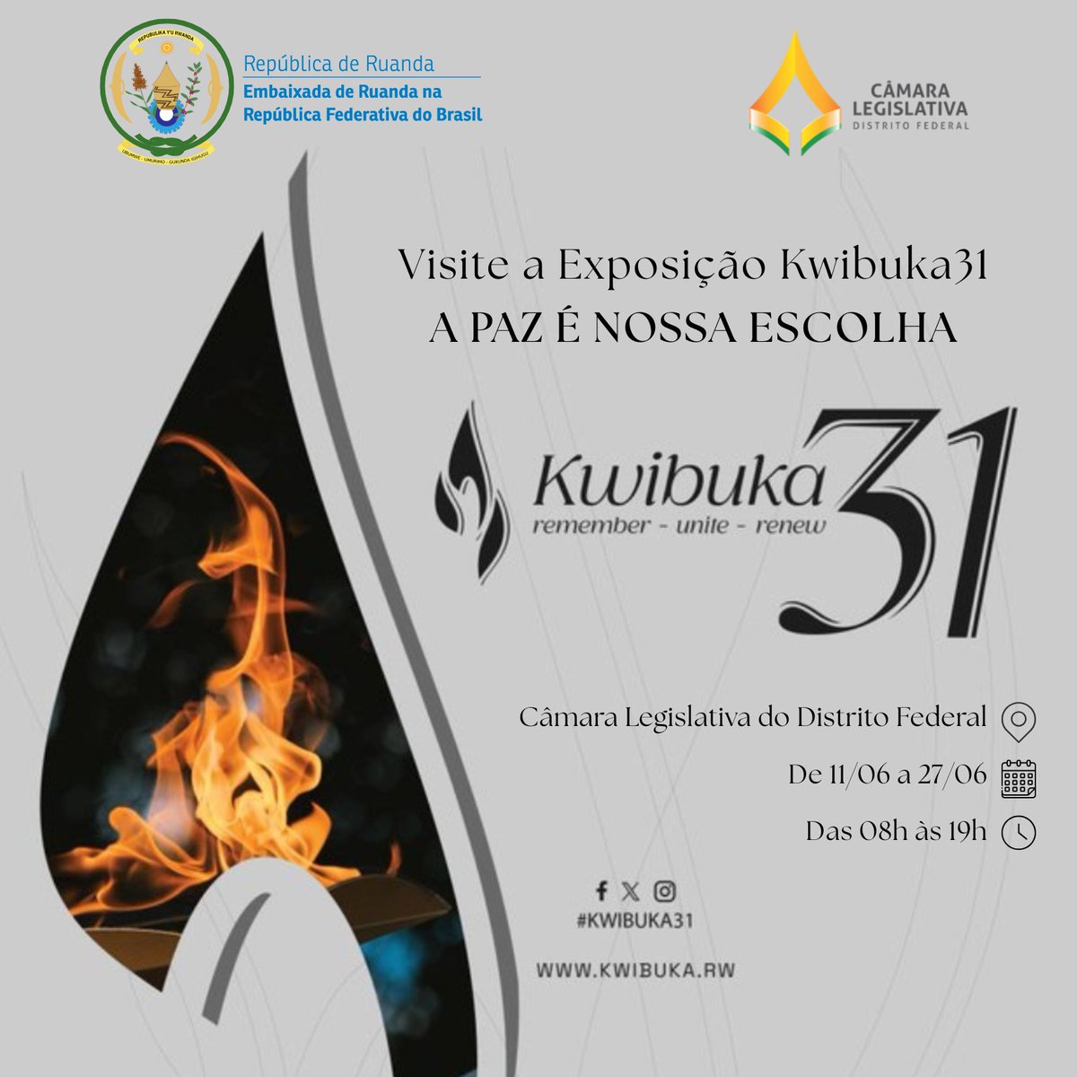 Rwanda in Brazil (@rwandainbrazil) on Twitter photo Exposição Kwibuka31 é inaugurada na <a href="/CLDFoficial/">Câmara Legislativa do Distrito Federal</a>
A exposição apresenta histórias e imagens poderosas que capturam a história do Genocídio de 1994 contra os Tutsi, honrando a memória das vítimas e refletindo sobre o caminho do Ruanda para lembrar, unir e renovar. Exposição Kwibuka31 é inaugurada na <a href="/CLDFoficial/">Câmara Legislativa do Distrito Federal</a>
A exposição apresenta histórias e imagens poderosas que capturam a história do Genocídio de 1994 contra os Tutsi, honrando a memória das vítimas e refletindo sobre o caminho do Ruanda para lembrar, unir e renovar.
