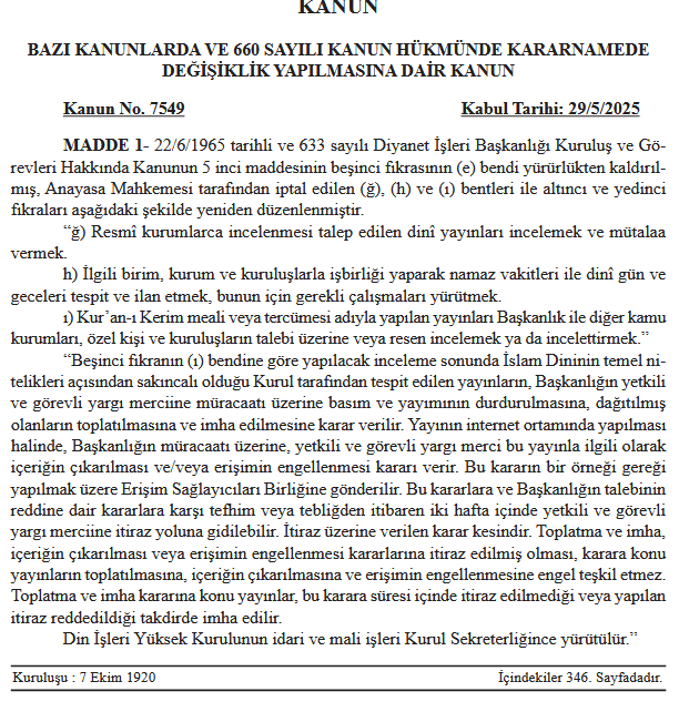 It is now in the Statute Book. Turkey allows only one official (not authorized) translation of the Qur'an, and the state has the authority to destroy all competing translations and commentaries. Has this ever happened in pre-modern Islamic history? 

resmigazete.gov.tr/eskiler/2025/0…