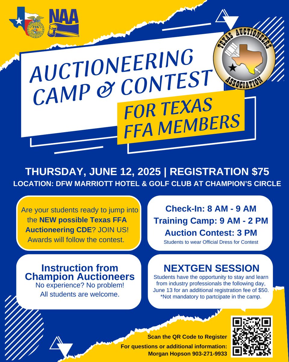 TexasDeptofAg's tweet photo. TOMORROW is the LAST DAY to sign up!!
Open to all FFA members, this is a game changer for the next generation of agriculture leaders #FFAauctioneering #TexasFFA #AgricultureEducation #NextGen
Register Here: https://t.co/X2vJw50GlM https://t.co/FMuVuaCAwR