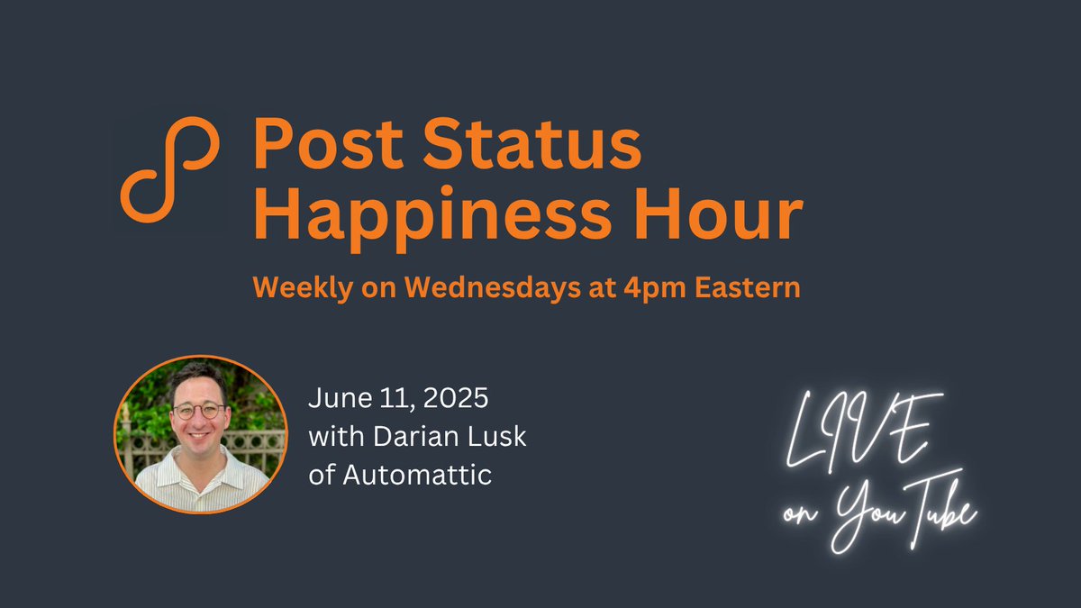 Join us later today for the Post Status Happiness Hour!

Michelle will talk with Darian Lusk about using TikTok for business.

Weekly on Wednesdays at 4pm Eastern US, 8pm UTC
youtube.com/watch?v=2hncNM…