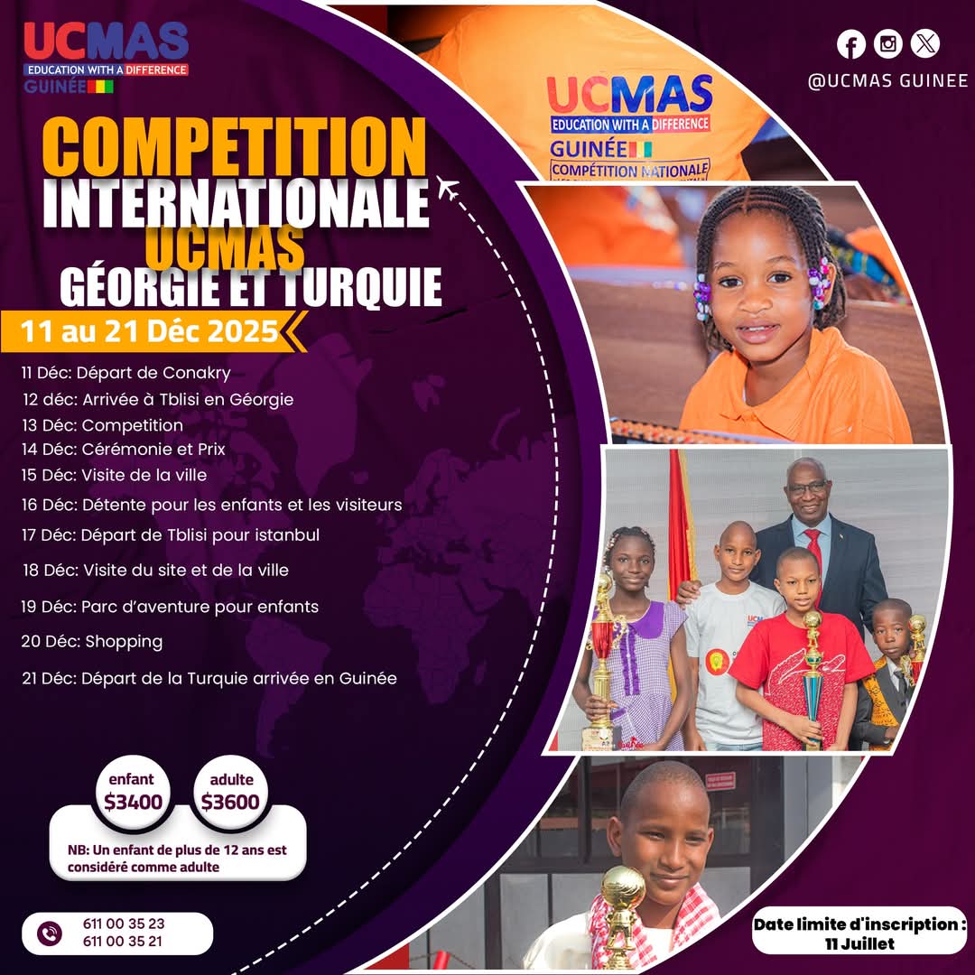 Ucmas_Guinee's tweet image. 𝐔𝐂𝐌𝐀𝐒 𝐆𝐔𝐈𝐍𝐄́𝐄 𝐄𝐍 𝐑𝐎𝐔𝐓𝐄 𝐏𝐎𝐔𝐑 𝐋𝐀 𝐂𝐎𝐌𝐏𝐄́𝐓𝐈𝐓𝐈𝐎𝐍 𝐈𝐍𝐓𝐄𝐑𝐍𝐀𝐓𝐈𝐎𝐍𝐀𝐋𝐄 𝟐𝟎𝟐𝟓 

𝗗𝗮𝘁𝗲 𝗹𝗶𝗺𝗶𝘁𝗲 𝗱&apos;𝗶𝗻𝘀𝗰𝗿𝗶𝗽𝘁𝗶𝗼𝗻 : 𝟭𝟭 𝗷𝘂𝗶𝗹𝗹𝗲𝘁

#UCMASGuinée #CompétitionInternationale #GéorgieTurquie2025 #ÉducationAvecUneDifférence