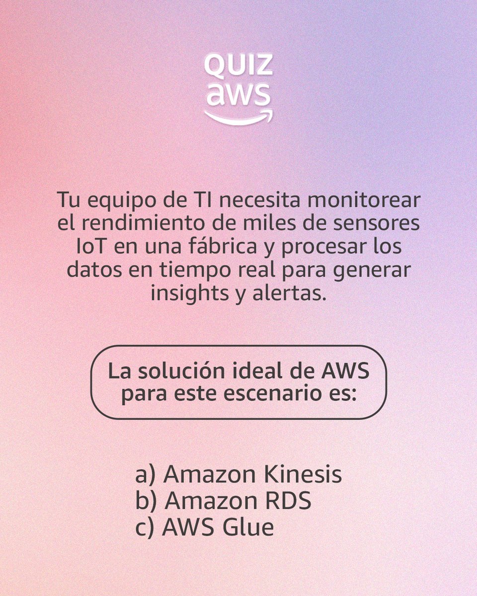 AWSLatam's tweet image. ¿Ya tuviste que desarrollar una solución para este escenario? ¡Entonces apuesto a que sabes la respuesta correcta! 👀 ¿Acertaste una vez más?
.
.
.
Amazon Kinesis
O Amazon Kinesis é projetado para coletar, processar e analisar dados em tempo real, perfeito para casos de IoT.