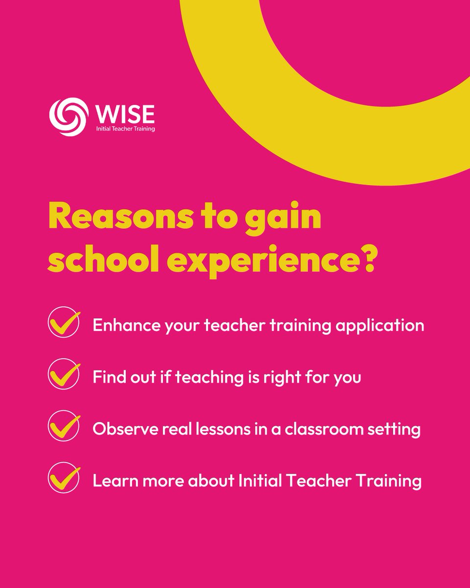 School experience is an important part of your teaching journey and a great way to strengthen your application! 💪

At WISE ITT, we consider the full range of knowledge, skills, and experiences in every application.

Learn more: wiseacademies.co.uk/wise-itt