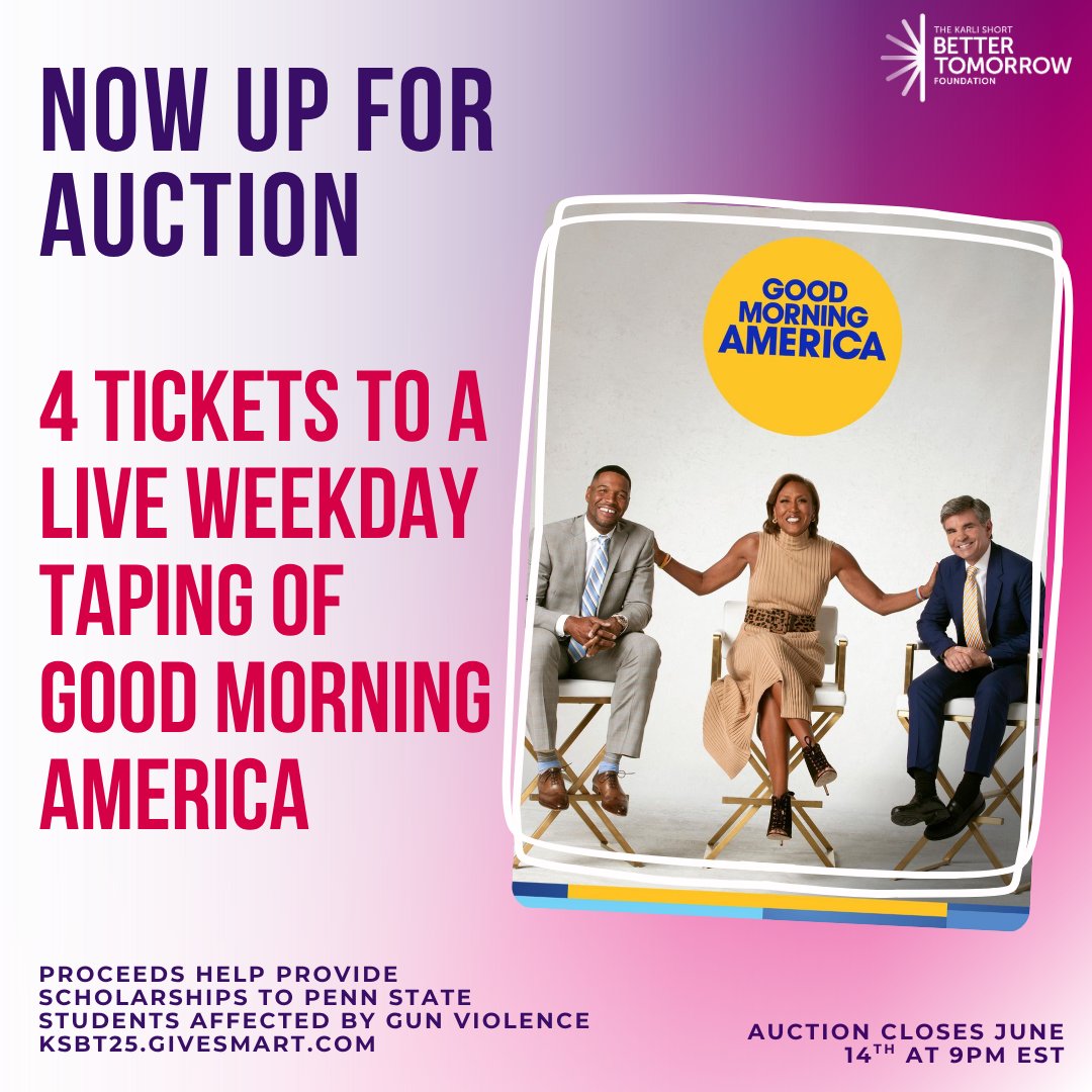 Karli Short Better Tomorrow Foundation (@ksbtfoundation) on Twitter photo ๐ฅ Bid NOW: KSBT25.givesmart.com ๐ฅ
Get ready for a behind-the scenes look at one of America's most beloved morning shows! This exclusive package includes 4 tickets to attend a live taping of <a href="/GMA/">Good Morning America</a>'s at ABC's Studios in the heart of NYC.
<a href="/michaelstrahan/">Michael Strahan</a> <a href="/brandonshort43/">Brandon Short</a> ๐ฅ Bid NOW: KSBT25.givesmart.com ๐ฅ
Get ready for a behind-the scenes look at one of America's most beloved morning shows! This exclusive package includes 4 tickets to attend a live taping of <a href="/GMA/">Good Morning America</a>'s at ABC's Studios in the heart of NYC.
<a href="/michaelstrahan/">Michael Strahan</a> <a href="/brandonshort43/">Brandon Short</a>