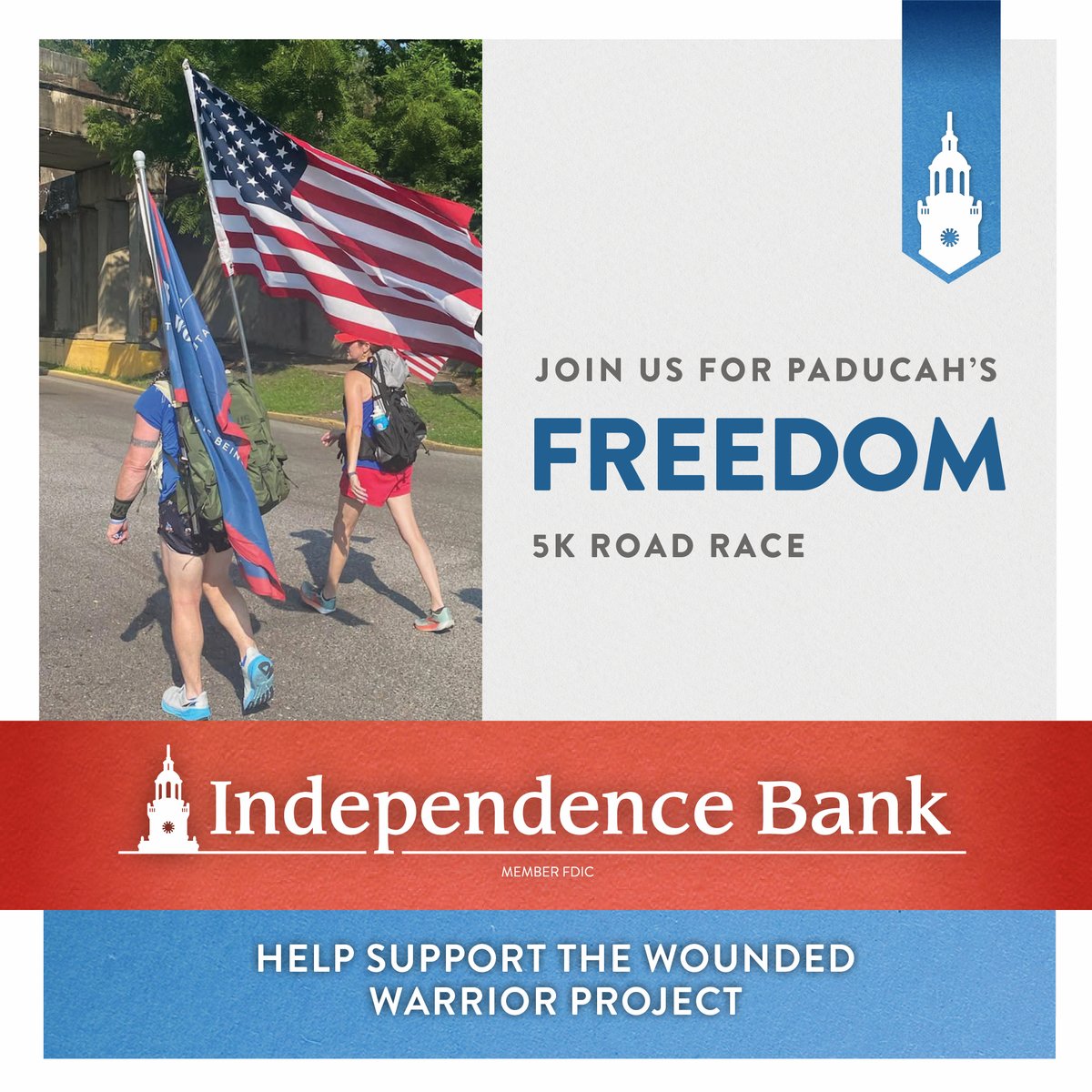 Get ready for the Independence Bank Freedom 5K in Paducah, KY! This patriotic run will be benefitting the Wounded Warrior Project, supporting those who have bravely served our country!
📅 July 4, 2025 
📍 Independence Bank, Jefferson Square 
⏰ 7:00am
runsignup.com/Race/KY/Paduca…