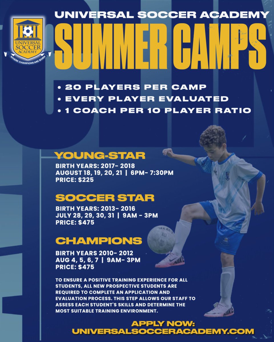 Summer Camp applications are OPEN! 🎉 Join us for soccer excellence! ⚽️ Apply now! 👉 ow.ly/Qr1550UGmYH @universalsocceracademy #summercamps #njsoccercamps