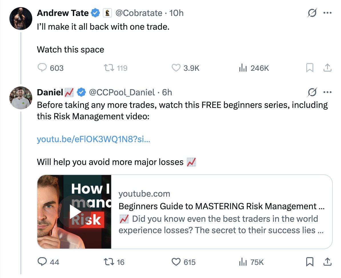 Update: <a href="/CCPool_Daniel/">Daniel📈</a> posted about Tate larping as a Top G crypto trader while his wallet was $600k down. Tate then deleted his original larping post (embarrassing). 1.1M people witnessed this shameful moment. Tate defiantly commented, "I'll make it back with one trade". Daniel