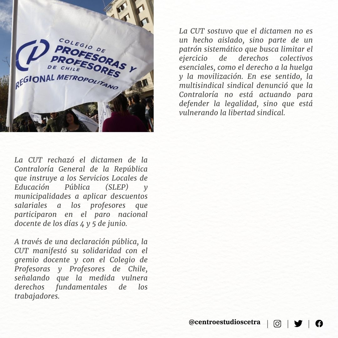 🔴CETRA l La <a href="/Cutchile/">CUT Chile ✍️🗳</a>  rechazó el dictamen de la <a href="/Contraloriacl/">Contraloría</a> que instruye a los Servicios Locales de Educación Pública (SLEP) y municipalidades a aplicar descuentos salariales a los profesores que participaron en el paro nacional docente de los días 4 y 5 de junio.