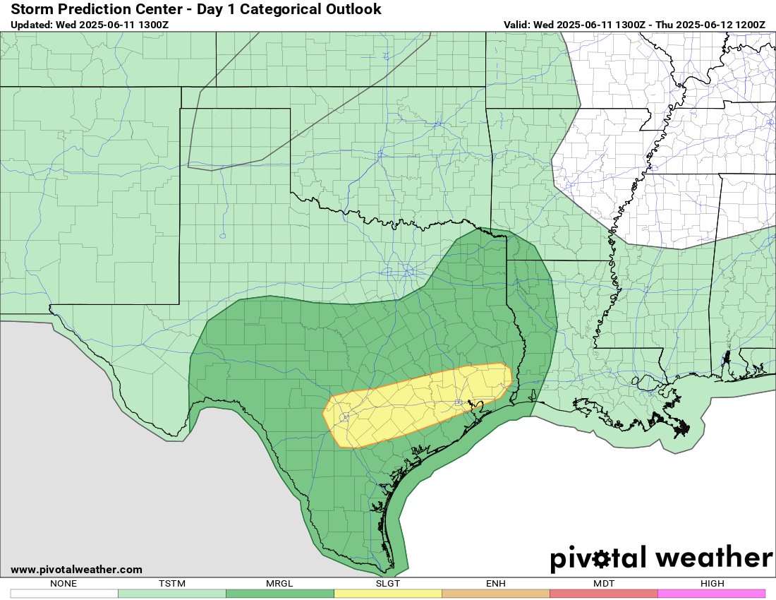 AustinHarwellwx's tweet photo. ⛈️ Slight Risk – Wed, June 11

Strong storms in SE TX this afternoon/evening.

💨 Damaging winds
💥 Large hail
🌪️ Isolated supercells

📍 Houston, Austin, College Station, Beaumont—stay alert!

#TXwx #SPC #SevereWeather #Hail #HighWinds #StormWatch https://t.co/rXIaZaQzPQ