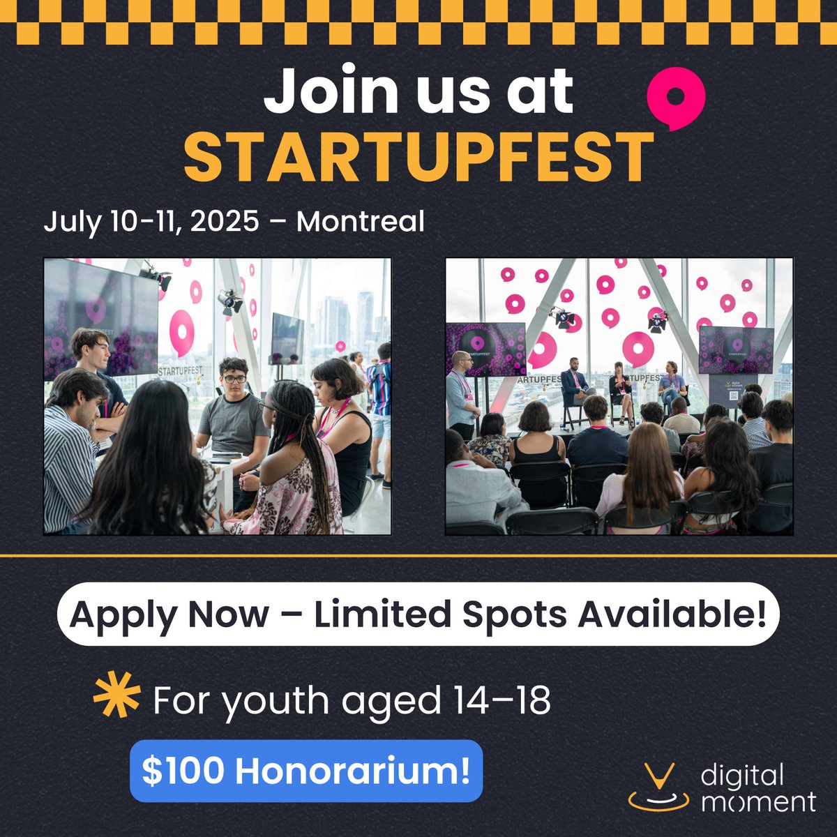 Digital Moment (@digitalmomentca) on Twitter photo ⏳ Spots are almost gone! We're looking for a few more youth aged 14–18 to join us at <a href="/startupfest/">Startupfest</a> this July for an unforgettable 2-day experience.
If you know a curious, creative teen who should be there—send them this link 👉 lnkd.in/eqFqHBHH
#YouthInnovation ⏳ Spots are almost gone! We're looking for a few more youth aged 14–18 to join us at <a href="/startupfest/">Startupfest</a> this July for an unforgettable 2-day experience.
If you know a curious, creative teen who should be there—send them this link 👉 lnkd.in/eqFqHBHH
#YouthInnovation