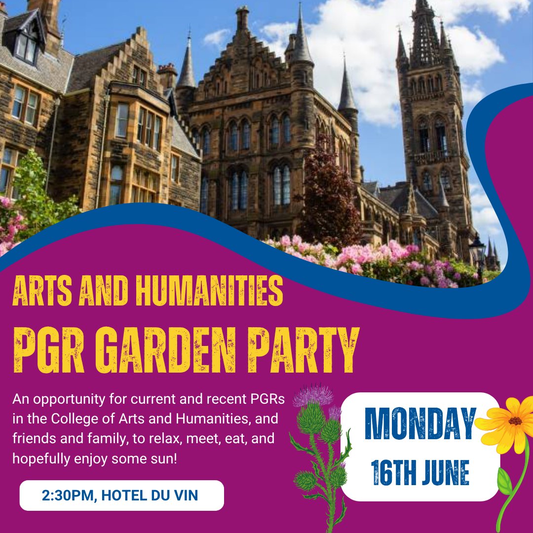 Calling all Arts &amp; Humanities PGRs📣

You're invited to the PGR Garden Party 🌷

Hotel Du Vin, 2.30pm on Monday 16 June. 📅

All welcome!

#PhDLife #PhDChat