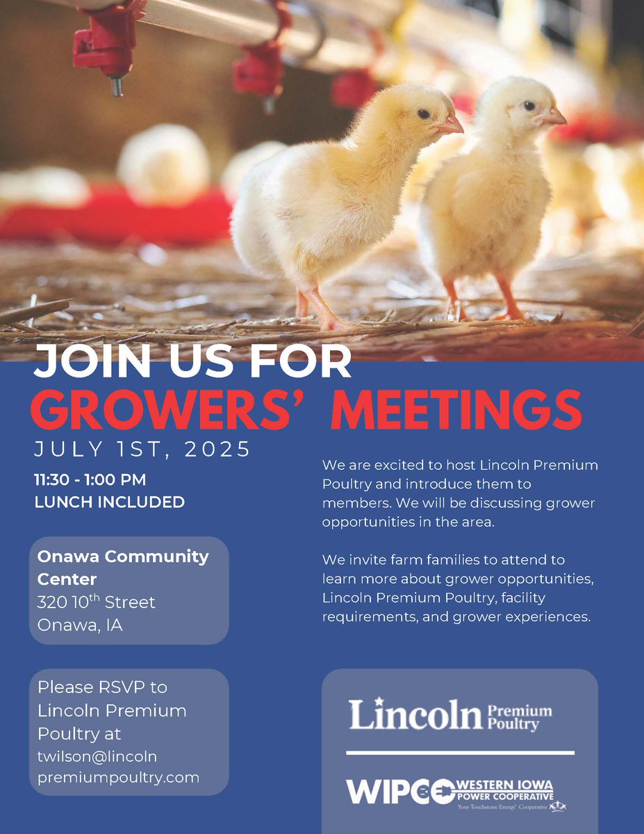Coalition to Support Iowa's Farmers (@supportfarmers) on Twitter photo ๐ You're Invited!
Learn about grower opportunities with Lincoln Premium Poultryโcovering facility requirements, grower experiences & how to get started.
๐ Logan, IA โ June 16
๐ Onawa, IA โ July 1
Farm families welcome to attend!
<a href="/Lincoln_Premium/">Lincoln Premium Poultry</a> ๐ You're Invited!
Learn about grower opportunities with Lincoln Premium Poultryโcovering facility requirements, grower experiences & how to get started.
๐ Logan, IA โ June 16
๐ Onawa, IA โ July 1
Farm families welcome to attend!
<a href="/Lincoln_Premium/">Lincoln Premium Poultry</a>