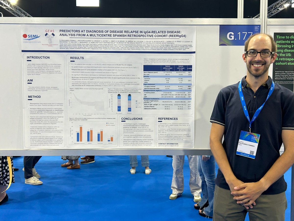 Avui presentem els resultats del treball multicèntric sobre "Predictors de recidiva de Malaltia relacionada amb IgG4 al diagnòstic" al Congrés europeu <a href="/eular_org/">EULAR</a>. Un plaer poder exposar la feina de molts col•legues de l'Estat espanyol. <a href="/InternaTrueta/">Medicina Interna H. Trueta</a> <a href="/htrueta/">Hospital Trueta</a>