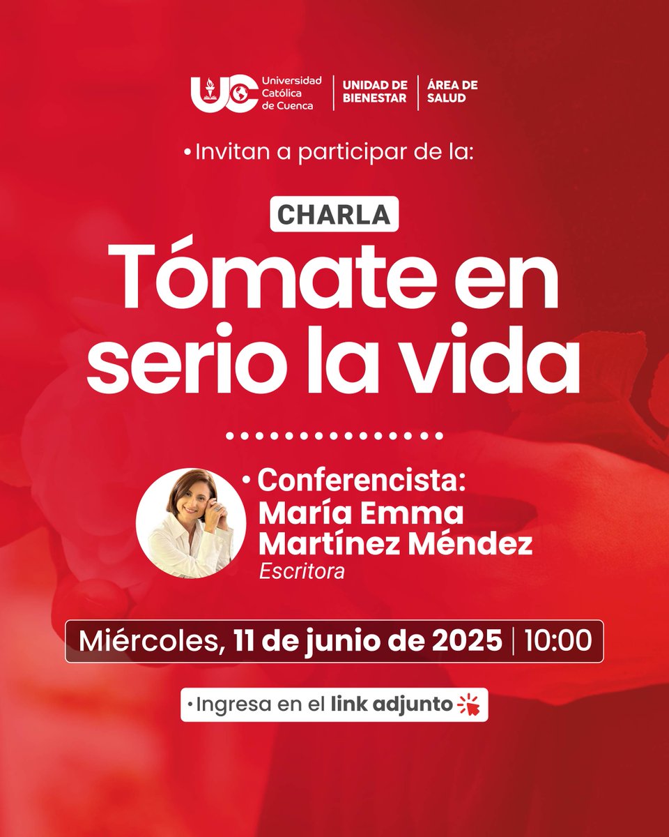 ¡𝘼𝙩𝙧𝙚́𝙫𝙚𝙩𝙚 𝙖 𝙫𝙞𝙫𝙞𝙧 𝙘𝙤𝙣 𝙥𝙧𝙤𝙥𝙤́𝙨𝙞𝙩𝙤!

!Te invitamos a “Tómate en serio la vida” con María Emma Martínez 📖, un espacio para reflexionar, fortalecer tu autoestima y cuidar tu salud mental 🧠.

Únete en: n9.cl/2efzc

 #SomosExcelenciaAcadémica