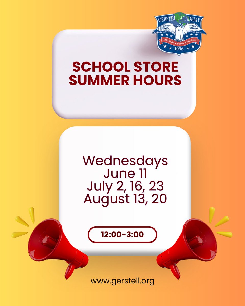 🚨 School Store Summer Hours Alert! 🚨
The school store is switching to summer hours—but you can still grab your gear anytime online!
🛍️ Shop here: gerstell.org/campus-life/sc…