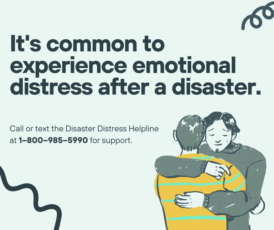 Readygov (@readygov) on Twitter photo Disasters can cause stress and anxiety - it's important to take care of your mental health. If you are struggling, the <a href="/distressline/">Disaster Distress Helpline</a> is here for you no matter where you are.
Call or text 1-800-985-5990 to connect with a counselor. They are confidential and available 24/7. Disasters can cause stress and anxiety - it's important to take care of your mental health. If you are struggling, the <a href="/distressline/">Disaster Distress Helpline</a> is here for you no matter where you are.
Call or text 1-800-985-5990 to connect with a counselor. They are confidential and available 24/7.