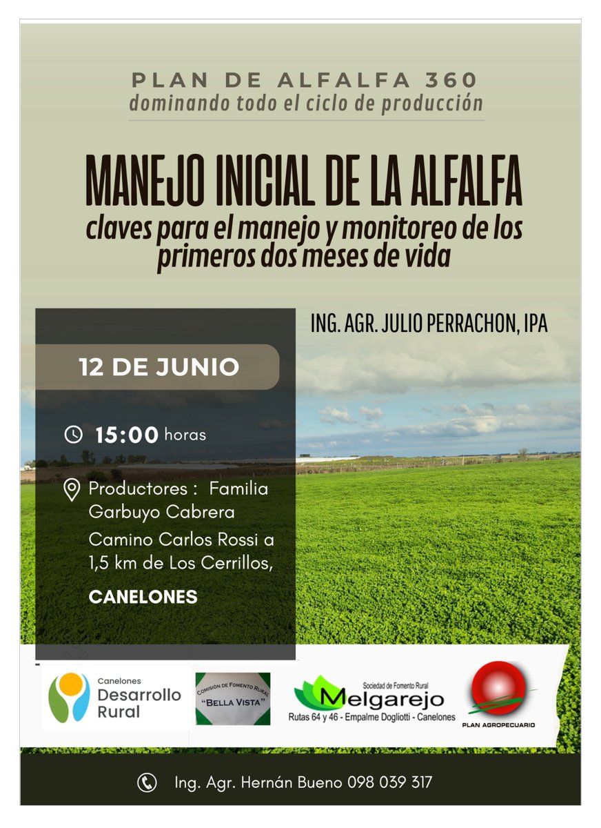 Plan Agropecuario (@planagro) on Twitter photo ¡Mañana #jueves!
🗓️12/6📍Canelones
Jornada "Manejo inicial de Alfalfa"
✔️Claves para el manejo y monitoreo de los primeros 2 meses de vida
🗣️Ing. Julio Perrachon
⏰10hs📌Tala
⏰15hs📌Los Cerrillos
¡Te esperamos!
@idcanelones #SFRT #SFRM #CFRBV <a href="/HernanBuenoL/">Hernán Bueno Larroque</a> #PlanAgro
➕ℹ️👇 ¡Mañana #jueves!
🗓️12/6📍Canelones
Jornada "Manejo inicial de Alfalfa"
✔️Claves para el manejo y monitoreo de los primeros 2 meses de vida
🗣️Ing. Julio Perrachon
⏰10hs📌Tala
⏰15hs📌Los Cerrillos
¡Te esperamos!
@idcanelones #SFRT #SFRM #CFRBV <a href="/HernanBuenoL/">Hernán Bueno Larroque</a> #PlanAgro
➕ℹ️👇
