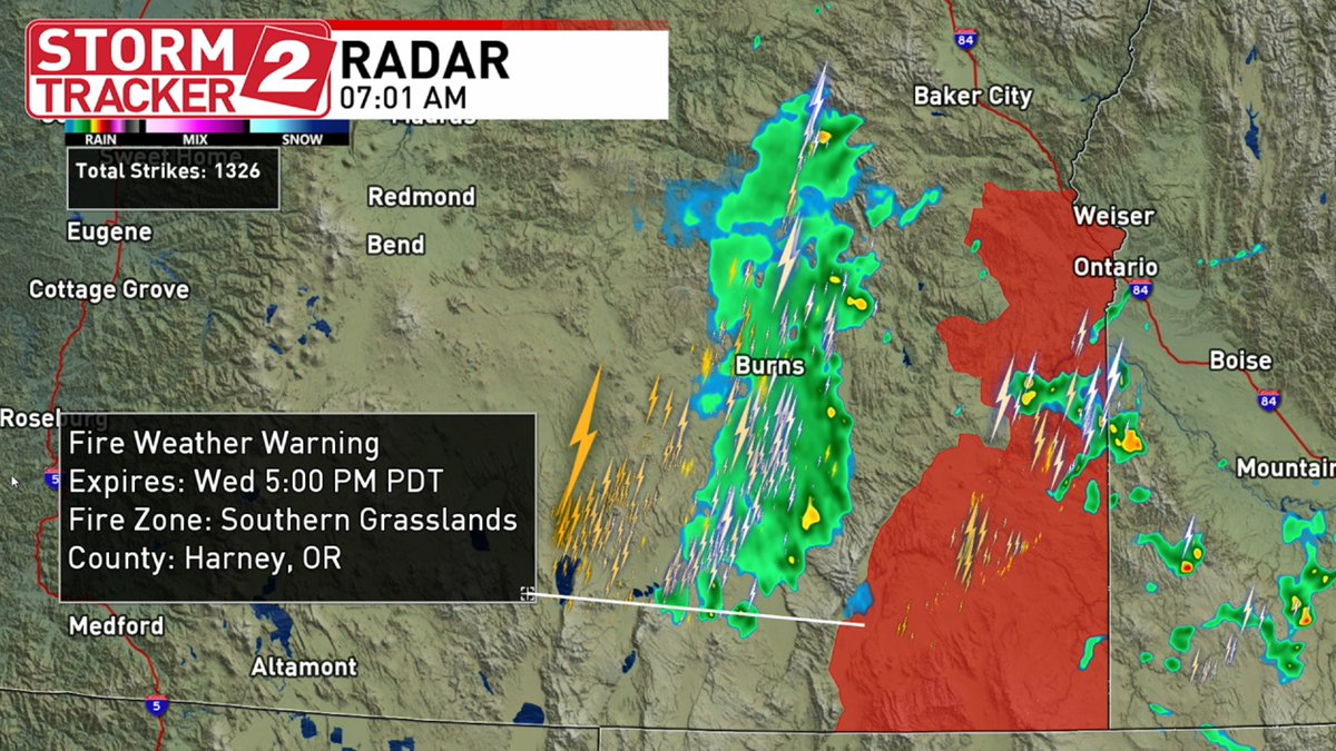 Current radar:  Here is that active thunderstorm cluster moving north-northeast into the mountains west of Baker City. It has a history producing abundant lightning- capable of starting fires. Will continue to monitor. Red Flag Warnings remain posted near the Idaho border.