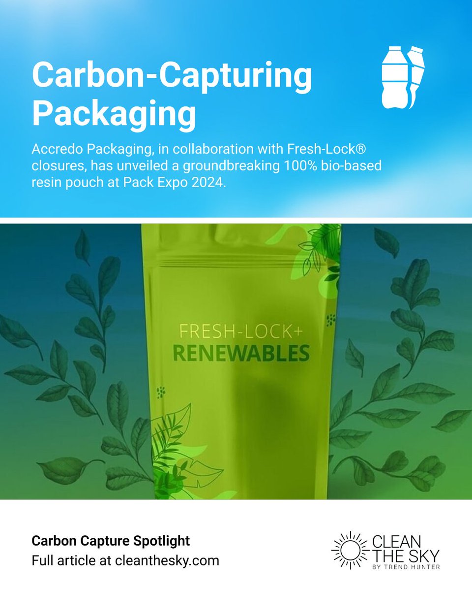 Packaging meets innovation! 🌱
Accredo Packaging &amp; Fresh-Lock® launch a 100% bio-based pouch made from sugarcane resin — each one captures ~43g CO₂!
Durable, shelf-stable &amp; sealed with Fresh-Lock Renewables zippers.
#SustainablePackaging #EcoInnovation
🔗 cleanthesky.com/innovation/bio…