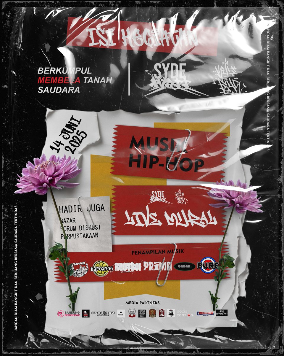 BERKUMPUL MEMBELA TANAH SAUDARA

Tanah kami, hidup kami!
Warga Tenjolaya bangkit melawan mafia tanah yang coba merebut hak kami. Tanpa dukungan pemerintah, kami berdiri sendiri—tapi tidak akan pernah sendiri.

Bazar warga
Live mural
Selektor &amp; hiphop

14 Juni