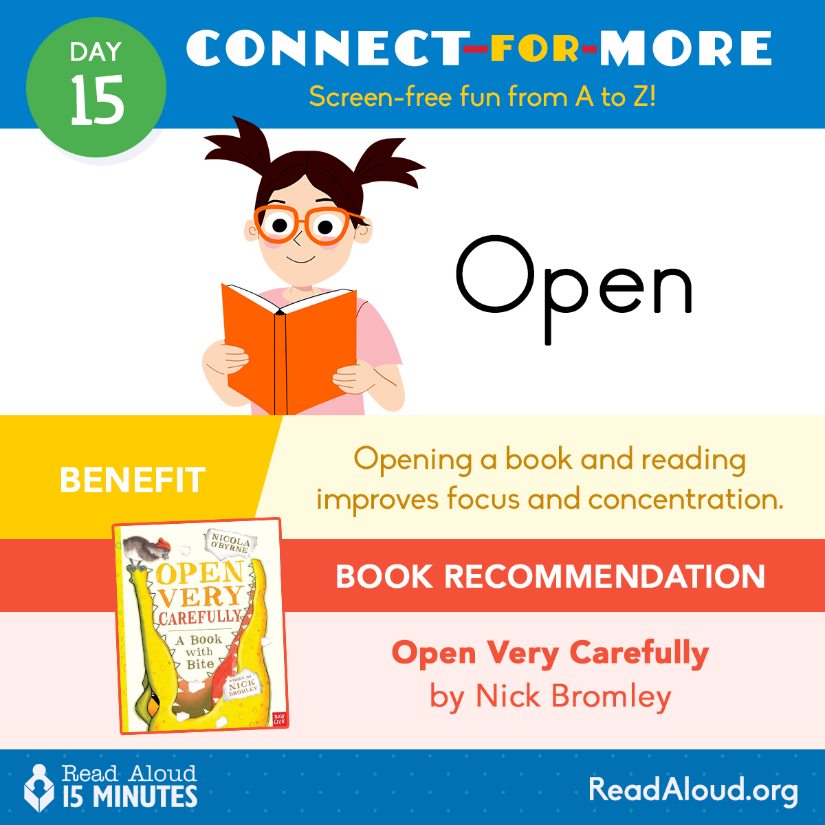 ReadAloud_org's tweet image. “OPEN” a mind this summer by opening a book! The first three years are a critical time for brain growth—reading aloud from birth makes all the difference. Open as many books as you can! 📚☀️ #ReadAloud15