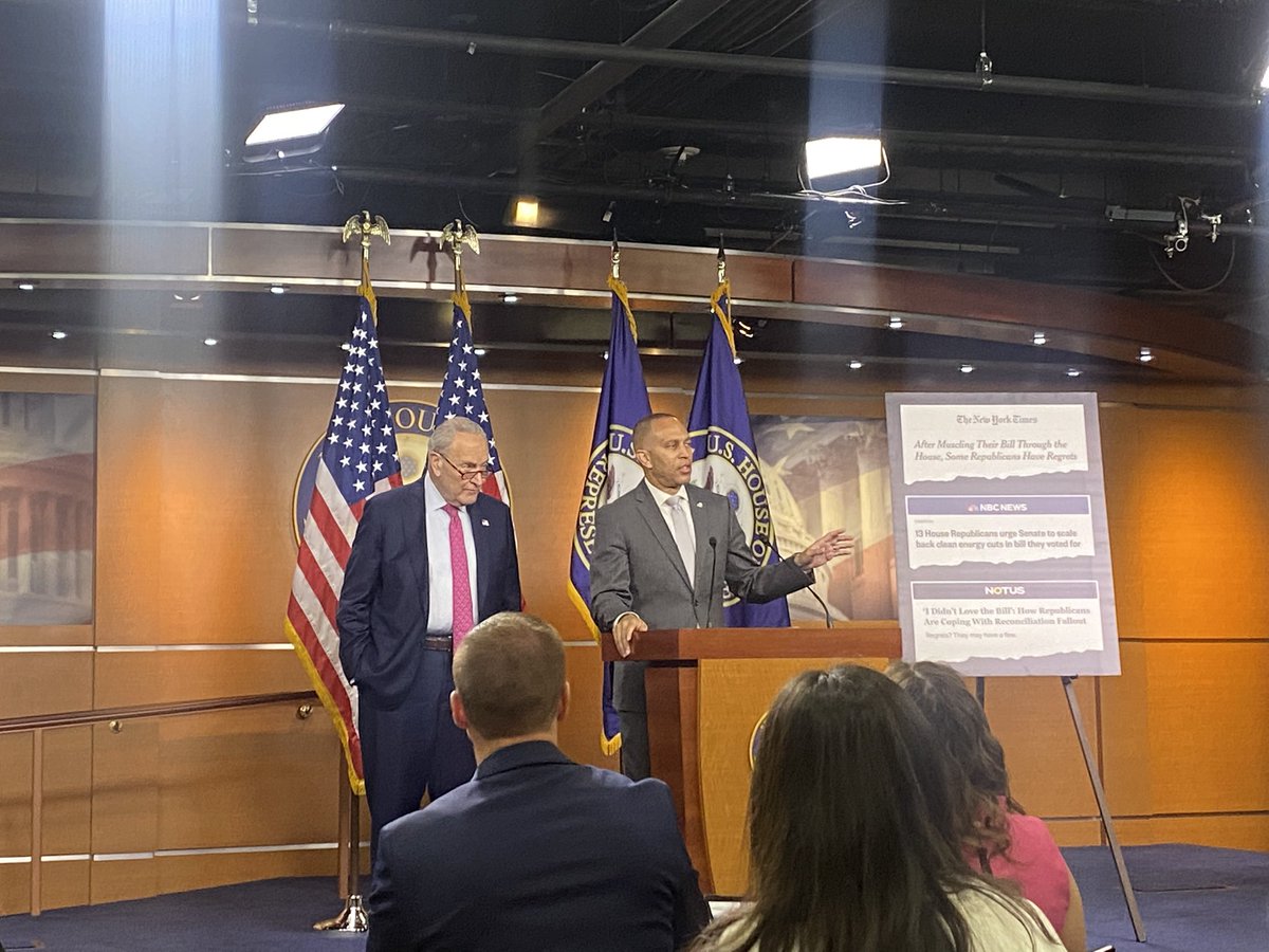 maxcottontv's tweet image. A joint press conference this morning from House Minority Leader @RepJeffries and Senate Minority Leader @SenSchumer. They’re talking about their opposition to the “big beautiful bill” or as they call it the “big ugly bill.” @GrayDCnews