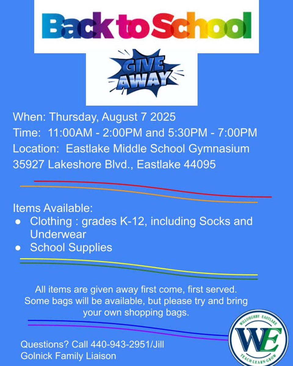 ✏️🎒👕Already thinking about back to school in August? Save the date for the free giveaway at Eastlake Middle School! Bring your own bags and load up on school supplies and clothing on August 7th. #mychoicewilloughbyeastlake #WEareonthemove