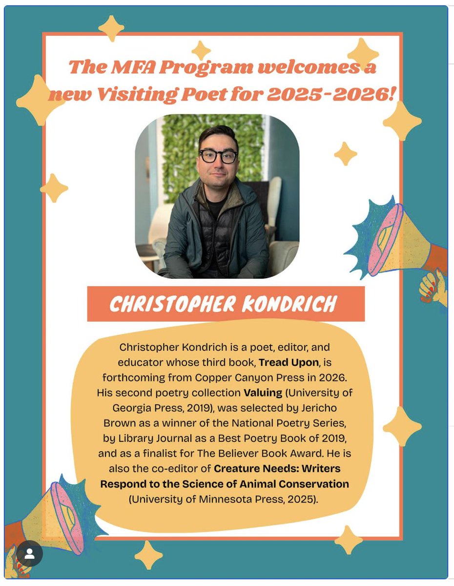 Christopher Kondrich (@chriskondrich) on Twitter photo I'm very excited to announce that I'll be joining the faculty of the M.F.A. Program in Creative Writing at the University of Maryland next year as Visiting Poet-in-Residence!
<a href="/UMDEnglish/">UMD English</a> <a href="/UofMaryland/">Univ. of Maryland</a> I'm very excited to announce that I'll be joining the faculty of the M.F.A. Program in Creative Writing at the University of Maryland next year as Visiting Poet-in-Residence!
<a href="/UMDEnglish/">UMD English</a> <a href="/UofMaryland/">Univ. of Maryland</a>