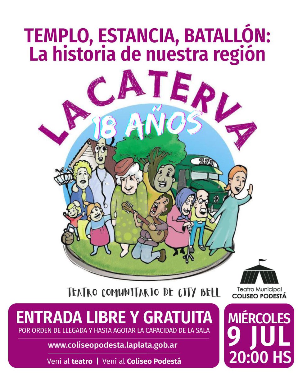 Templo, Estancia, Batallón: La historia de nuestra región” con entrada #libre y #gratuita 

🗓️El miércoles 9 de julio 20 hs, llega al Coliseo Podestá el grupo de Teatro Comunitario “La Caterva de City Bell” con su obra “Templo, Estancia, Batallón: La historia de nuestra región”.