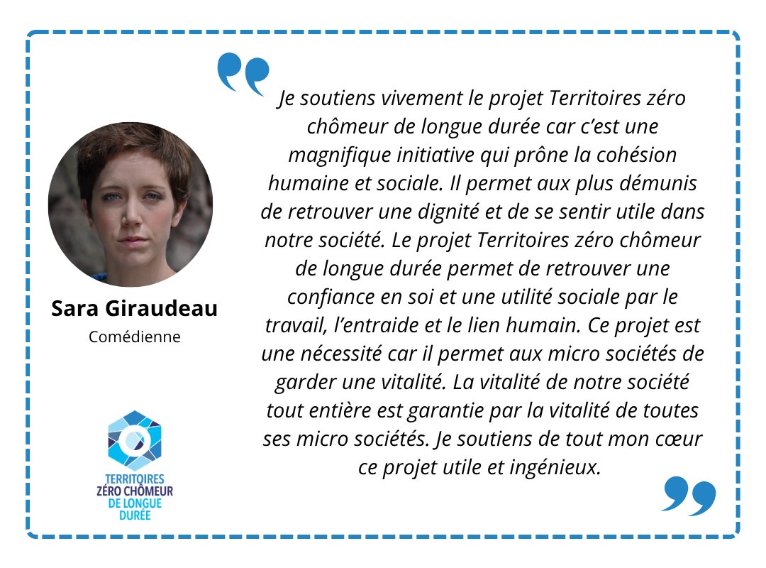 Toutes et tous mobilisé·es en faveur du droit à l'emploi ! 

Sara Giraudeau soutient le projet #TZCLD et la proposition de loi le pérennisant, pour laquelle les débats reprendront à la rentrée à l'Assemblée nationale 🤩