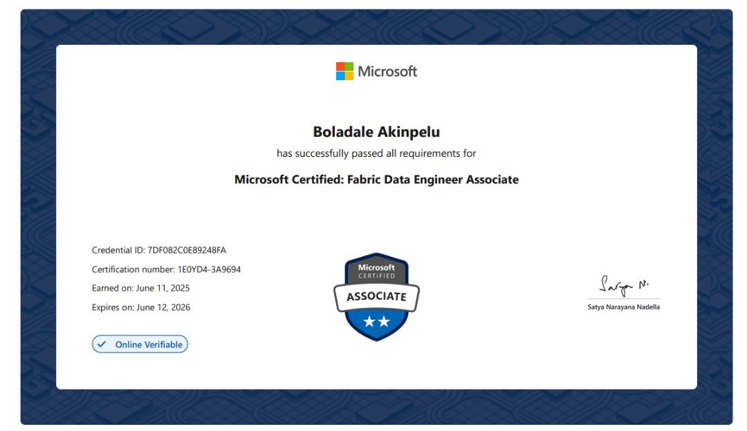 Favboladale's tweet photo. 4x today!!!!

Thank You Jesus!!!!🙏
#MicrosoftFabric #DP700 #DataEngineering https://t.co/rqVIvSCy84