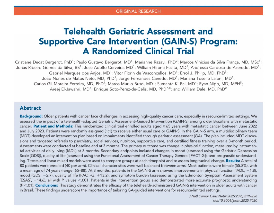 crisbergerot's tweet image. 📢 Just published in @JNCCN !
Our RCT shows that a telehealth GA & #SuppCare Intervention (GAIN-S) improved physical function, mood & QoL in older Brazilians with metastatic cancer
@WilliamDale_MD @EnriqueSoto8 @Areejmd @RyanNipp
jnccn.org/view/journals/…