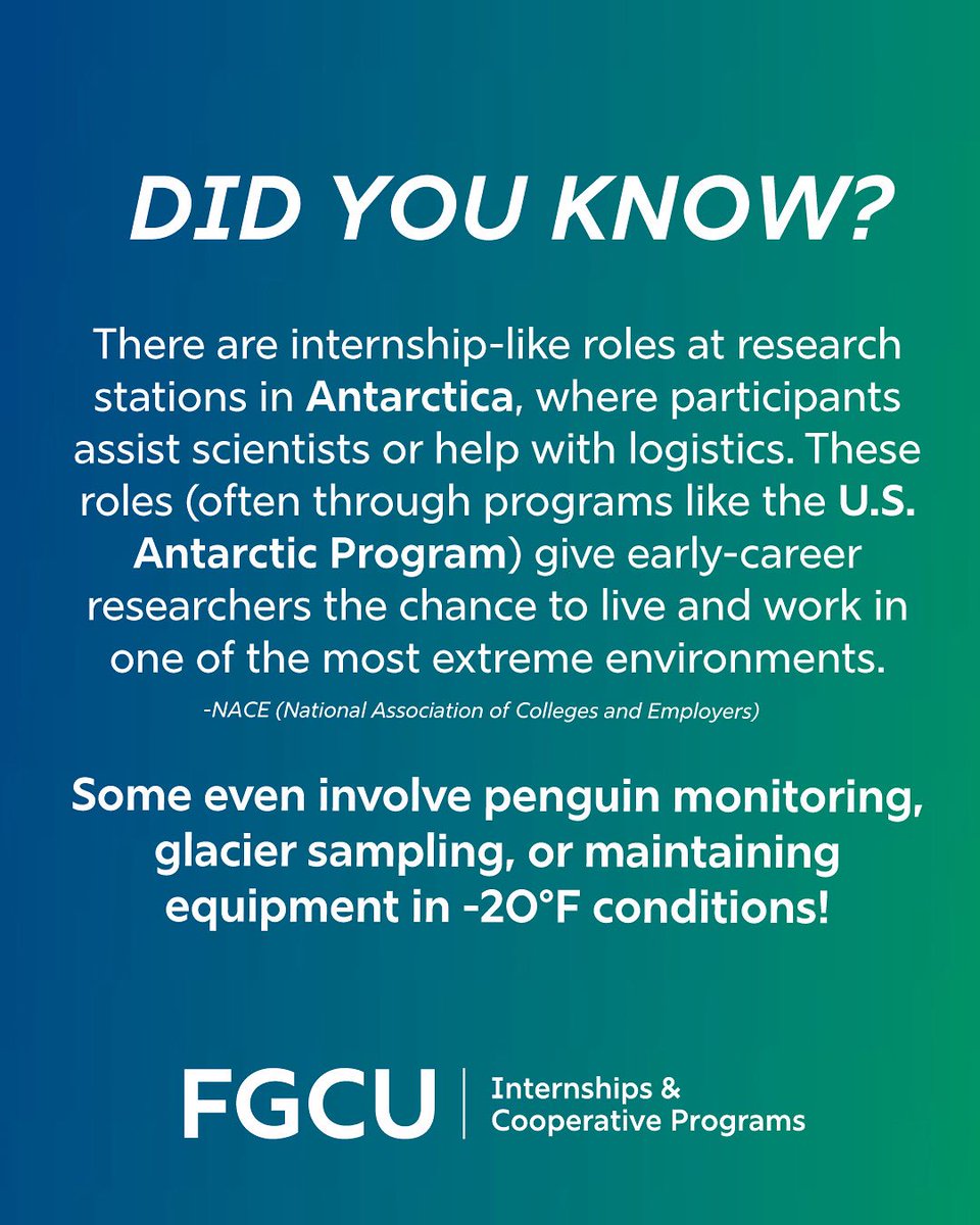 FGCU_ICP's tweet image. Your dream internship might be colder than you think... ❄️
In Antarctica, interns help scientists explore one of Earth’s final frontiers.

Logistics, research, adventure-would you go?

#InternAbroad #FGCU #FloridaGulfCoastUniversity #FGCUICP