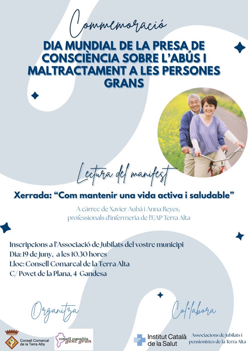 El Consell Consultiu de la Gent Gran de la #TerraAlta organitza una sessió per commemorar el Dia Mundial de la presa de consciència sobre l’abús i maltractament a les persones grans.

Us hi esperem!